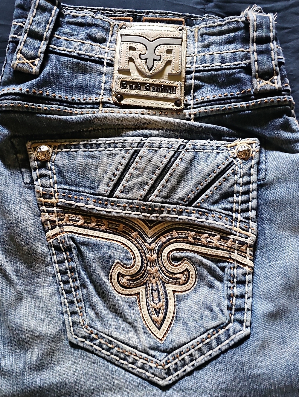 Rock Revival Distressed Blue Denim Jeans with Embroidered Back Pocket